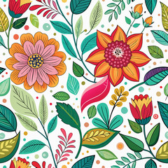 Floral seamless pattern with cute wild  flowers and leaves isolated on a white background