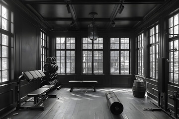 A contemporary gym. Monochrome interior design.