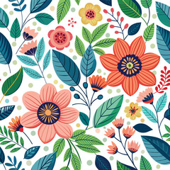 Floral seamless pattern with cute wild  flowers and leaves isolated on a white background