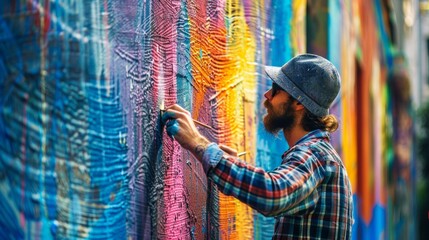 Artist in action painting a large colorful abstract mural on wall