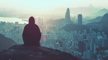 Jesus Christ silhouette watching over a city from a high mountain. - obrazy, fototapety, plakaty