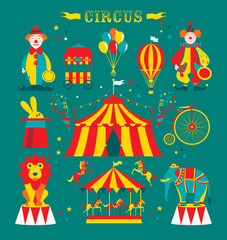 Circus seamless pattern with clown, lion and carousel. 