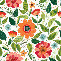 Floral seamless pattern with cute wild  flowers and leaves isolated on a white background