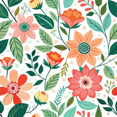 Floral seamless pattern with cute wild  flowers and leaves isolated on a white background