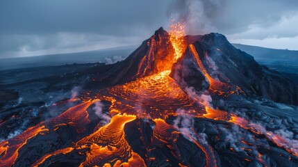 Lava flowing from an erupting volcano, dynamic and dangerous - obrazy, fototapety, plakaty