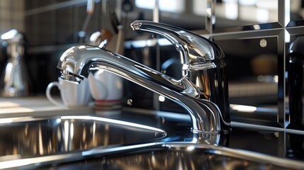 A kitchen water mixer depicted as a water tap crafted from chrome material