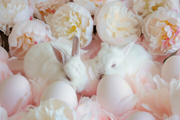 Obraz na płótnie Canvas Two cute white bunnies sleep in a bed of pastel eggs with a few dark pink peonies in full bloom