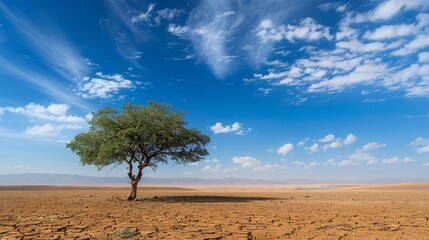 Lone tree in vast desert landscape background