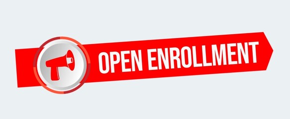 Open enrollment. Sticker with Speaker icon. Flat illustration on white background.