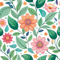 Floral seamless pattern with cute wild  flowers and leaves isolated on a white background