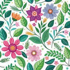 Floral seamless pattern with cute wild  flowers and leaves isolated on a white background