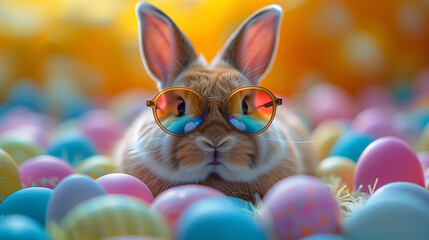 Fototapeta na wymiar High-end commercial photo of a Comical rabbit wearing sunglasses and carrying Easter eggs