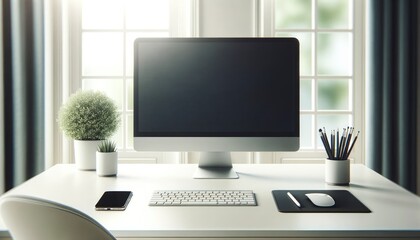 Elegant office workspace featuring a modern computer setup on a wooden desk with a stunning city skyline view through large windows.
