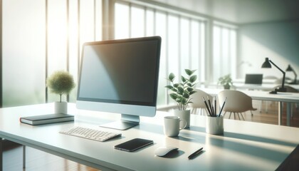 Fototapeta premium Elegant office workspace featuring a modern computer setup on a wooden desk with a stunning city skyline view through large windows. 
