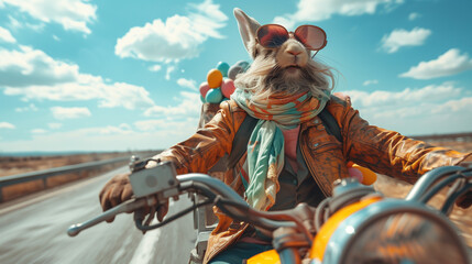 
High-end commercial photography of a stylish Easter bunny, dressed in a leather jacket, driving a motorcycle with a sidecar