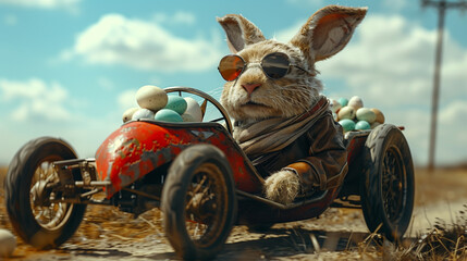 
High-end commercial photography of a stylish Easter bunny, dressed in a leather jacket, driving a motorcycle with a sidecar