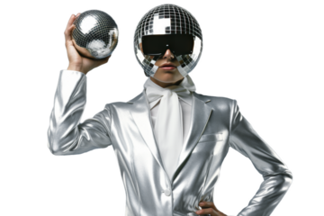 A person wearing a shiny silver suit,disco ball helmet and sunglasses, holding a sparkling disco ball under a vibrant disco light, poised for a funky dance party, against a white  background.