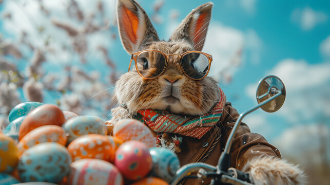 
High-end commercial photography of a stylish Easter bunny, dressed in a leather jacket, driving a motorcycle with a sidecar