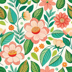 Floral seamless pattern with cute wild  flowers and leaves isolated on a white background