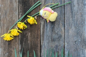 rustic wood easter background with crocheted sleeping bunny and daffodils