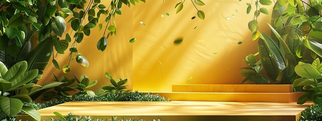 Yellow podium product background 3d summer display platform nature minimal. Product stand yellow background podium 3d tropical stage scene palm beauty mockup cosmetic abstract table autumn food banner