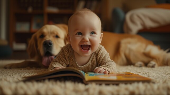 photograph of a baby with a dog lying on a rug