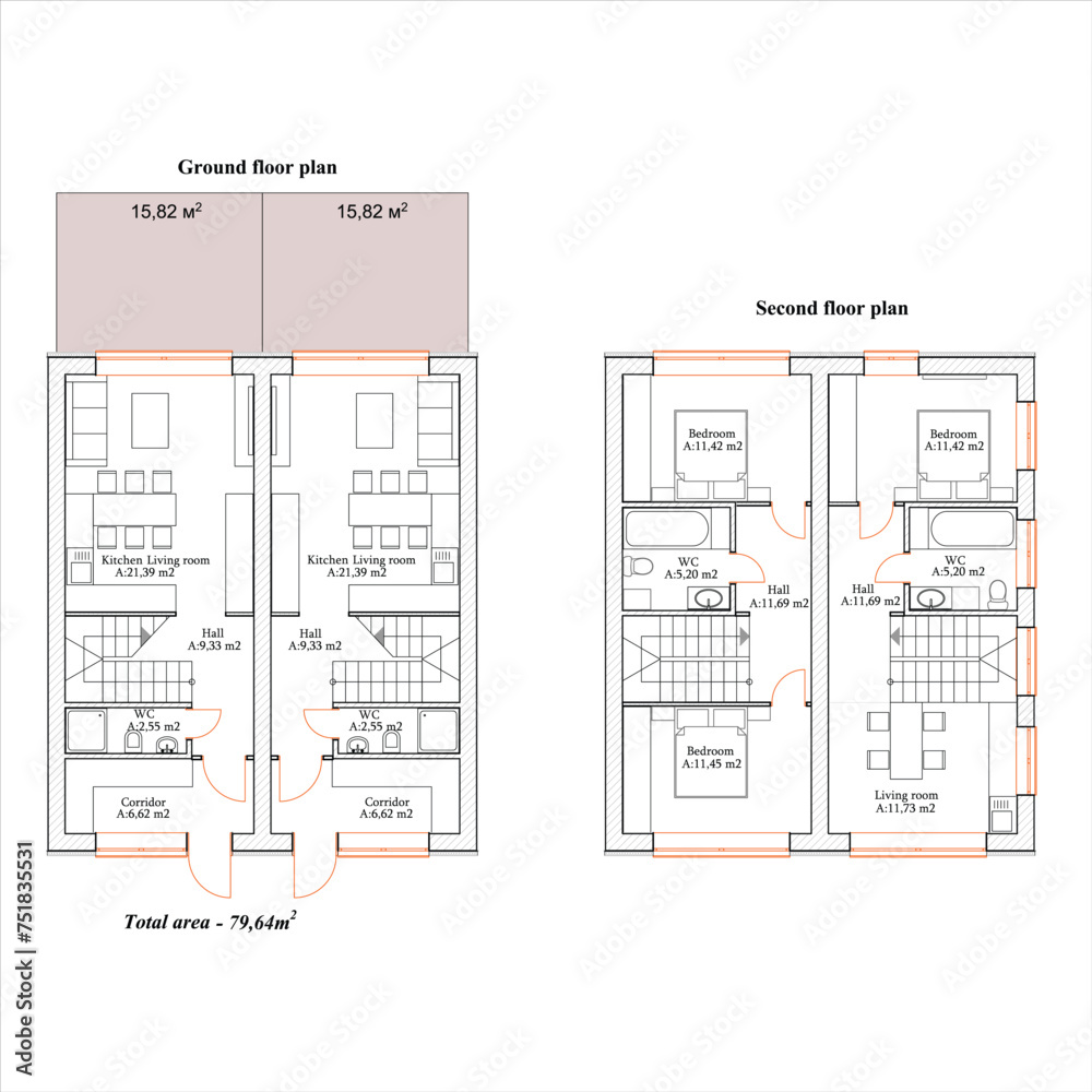 Wall mural detailed architectural two story townhouse blueprints and drawings. vector illustration