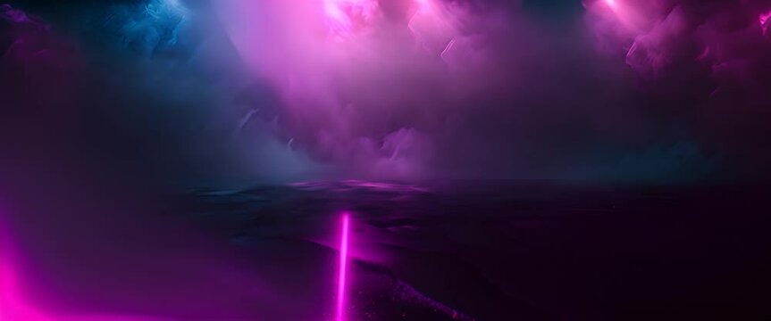 A dark empty abstract scene with neon lights, smoke, asphalt spotlights. A dark empty street with smoke mist cold white float up for display products.	