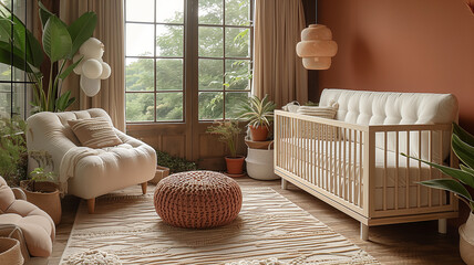 Soft beige colors envelop baby's room in a cozy and inviting atmosphere. - obrazy, fototapety, plakaty