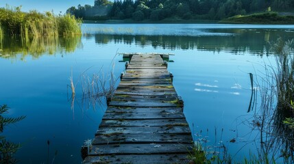 Old wooden jetty on tranquil lake, peaceful and rustic. - obrazy, fototapety, plakaty