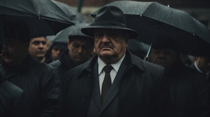 Obraz premium Funeral of a mafia boss. Sad faces. Mourning. People dressed in black