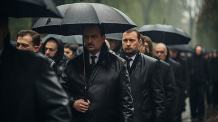 Funeral of a mafia boss. Russian mafia. Winter. Sad faces. Mourning. People dressed in black
