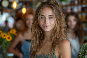 Fototapeta premium A youthful and attractive woman with blue eyes and freckles smiles in a flower shop setting