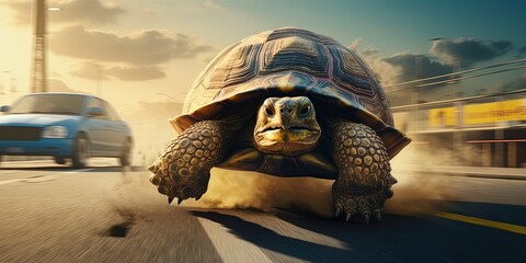 Super fast turtle running at high speed on the street between cars in strategy and innovation...