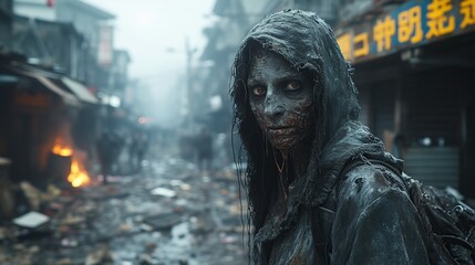 Disfigured Zombie With Decomposing Skin Lurking in an Urban Wasteland at Dusk