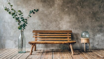 solid wood rustic bench and glass vase with branch against grunge concrete wall loft interior design of modern home entryway