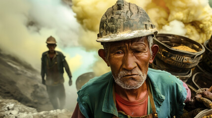 Obraz premium Portrait of a sulfur miner. Sulfur mining.