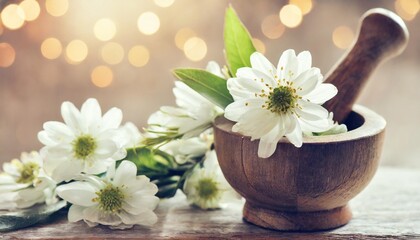 blooming white flowers with stamen and pestle romantic bouquet on light bokeh background macro...