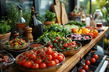 A selection of fresh salads and vegetables poised for a healthy feast in a modern kitchen