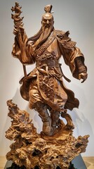 Fototapeta na wymiar Majestic Statue of Warrior Guan Yu Crafted From Polished Walnut