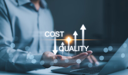 Cost reduction concept. Quality increase and cost optimization for products or services to improve...