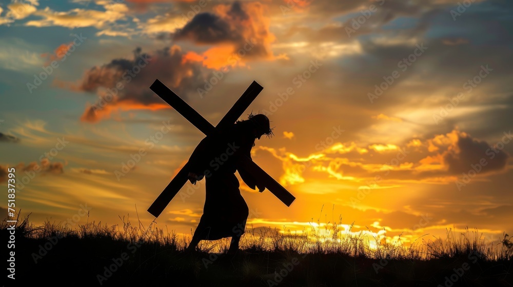 Sticker silhouette of jesus christ carrying the cross, with a dramatic sky background.