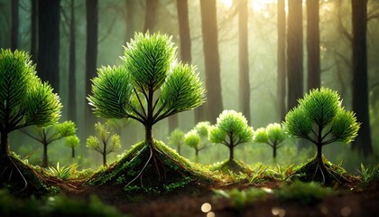 small trees with green leaves natural growth and sunlight the concept of agriculture and...
