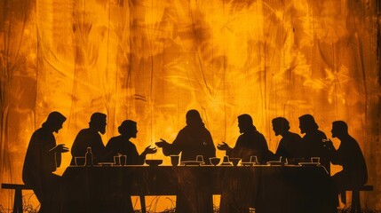 Silhouette of Jesus Christ at the Last Supper, with disciples around a table, in a humble setting.