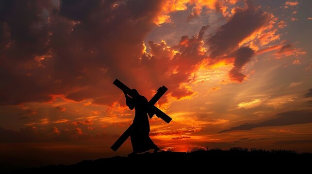 Silhouette of Jesus Christ carrying the cross against a dramatic sky background.