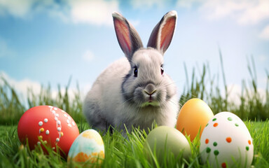 Fototapeta na wymiar Cute rabbit with fancy Easter Eggs on grass,