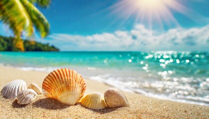 sunny tropical beach with turquoise water summer holidays vacation background seashells in sand palm tree on the beach