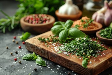 A wooden board with freshly chopped herbs and colorful spices ready for cooking, implying freshness
