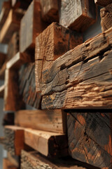 Fototapeta na wymiar stack of aged reclaimed wood beams of various types and quality 