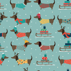 Christmas seamless pattern with dogs on blue background. 